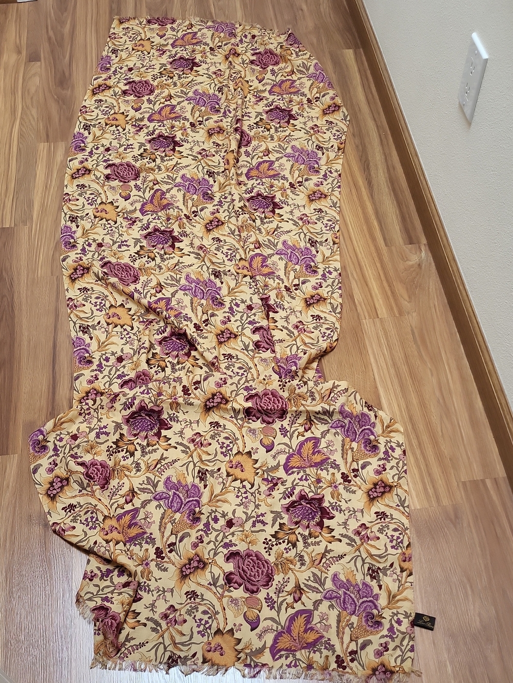 Loro Piana Cream Scarf with Purple & Gold Floral Print. Silk & Cashmere